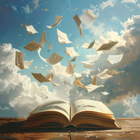 Open book with flying pages on wooden table and cloudy sky on backgroundの素材