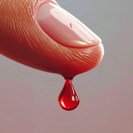 Red drop of blood flowing from the finger. 3D illustration.の素材