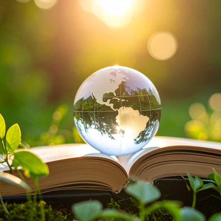 Globe and open book on nature background. Earth day concept.の素材