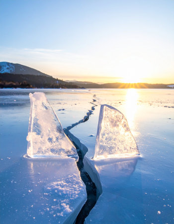 Ice hummocks on the frozen lake at sunset. Winter landscapeの素材