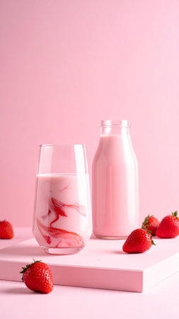 Glass with tasty strawberry yogurt on color background, closeup. Dairy productの素材