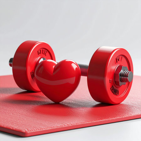 Red dumbbells and heart on yoga mat. 3d illustrationの素材