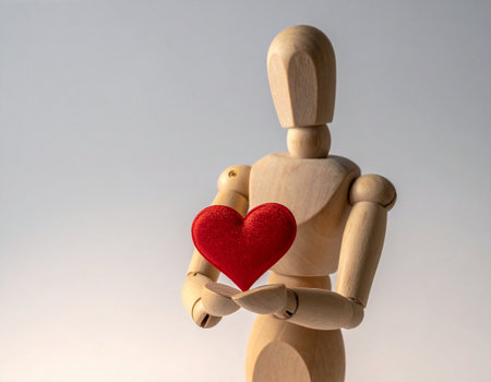 Wooden mannequin holding a red heart on a white backgroundの素材