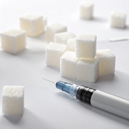 Syringe and sugar cubes on white background, closeup. Diabetes conceptの素材