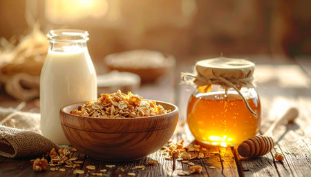 Homemade granola with honey and milk in a glass jar.の素材