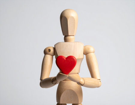 Wooden mannequin with red heart on a white background.の素材