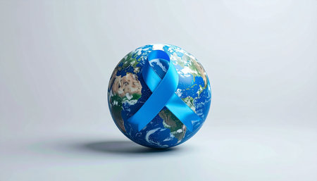 World cancer day concept, blue ribbon on earth globe. 3D renderingの素材