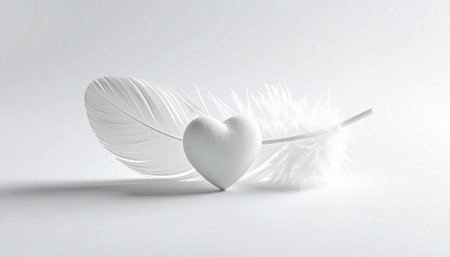 White heart and feather on white background. Valentines day concept.の素材