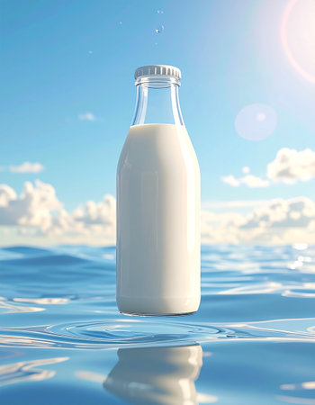 Bottle of milk on the sea background. 3d render.の素材