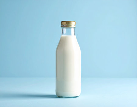 Bottle of milk on blue background, closeup. Dairy productsの素材