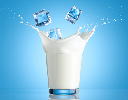 Milk splash with ice cubes on blue background. 3d renderingの素材