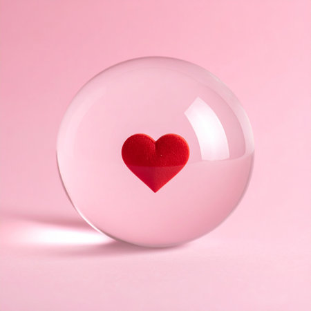 Crystal ball with red heart inside on pastel pink background. Love conceptの素材