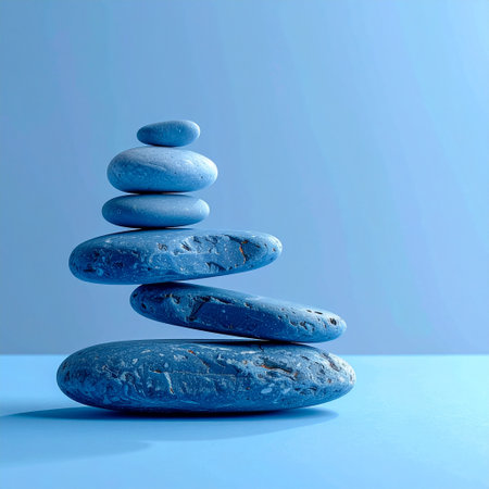 Pile of zen stones on blue background. 3d renderの素材