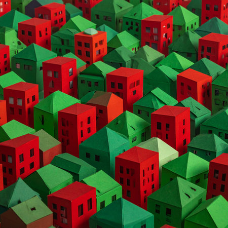 Multi-colored houses on a background of green and red paper.の素材