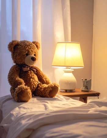 Teddy bear sitting on the bed with a lamp in the bedroomの素材