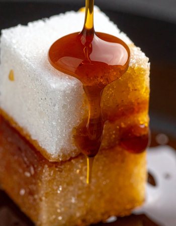 Honey flowing from a spoon into a sugar cube on a black backgroundの素材