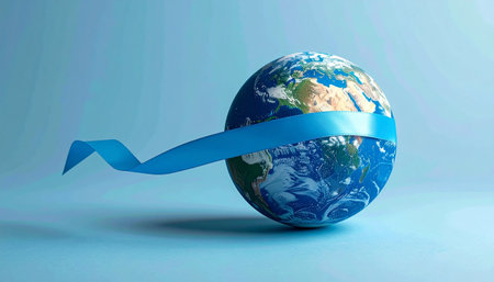 Blue ribbon with the planet earth on a blue background. 3d renderingの素材