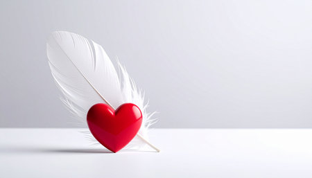 Red heart and white feather on white background. Valentine's day concept.の素材