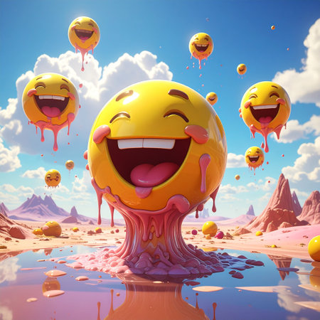 Funny emoticon with smiley face in surreal landscape. 3d illustrationの素材
