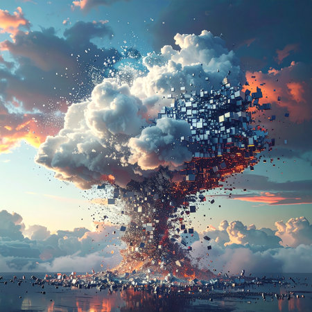 Big explosion with many cubes in the sky. 3d illustration.の素材
