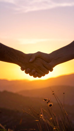 Close up of two hands holding each other with sunset in the backgroundの素材
