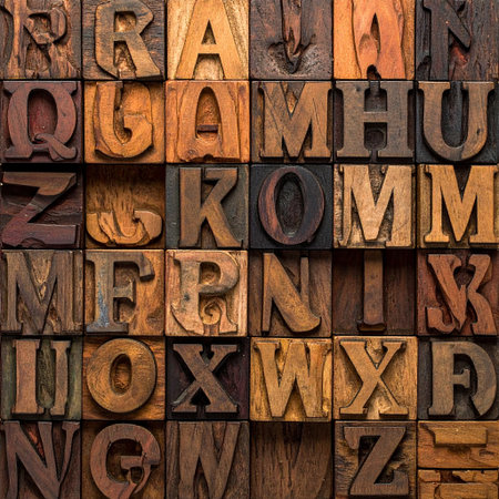alphabet letterpress wood type printing blocks stained by color inksの素材