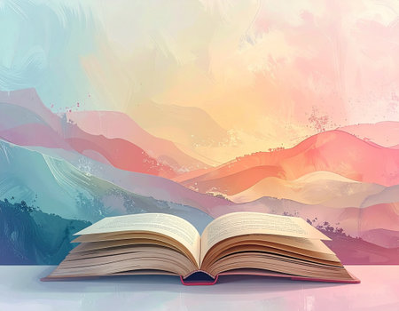 Open book on the background of mountains and sunset. Vector illustration.の素材
