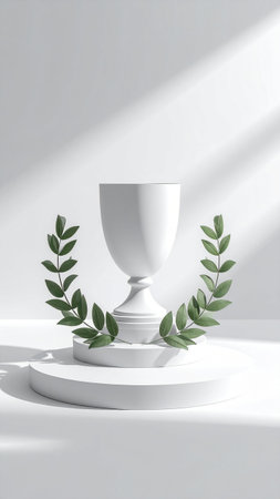 3d render of a white podium with green leaves and a vaseの素材