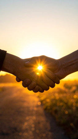 Handshake of a man and a woman on the sunset background.の素材