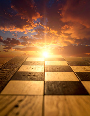 Chess board with sunset sky background. The concept of success.の素材