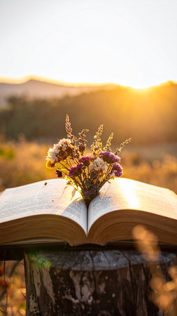 Bouquet of dry flowers on open book in the field at sunsetの素材