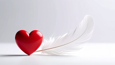 Red heart and white feather on white background. Valentine's day conceptの素材