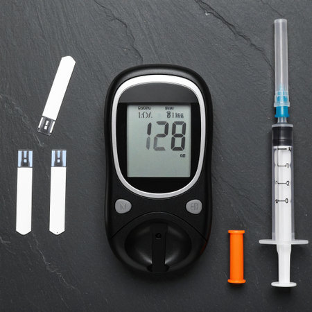 Glucose meter with positive result of measurement sugar level, syringe and cigarettes on black stone backgroundの素材