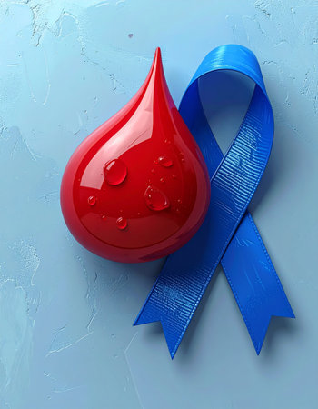 World Aids Day concept with blue ribbon and blood drop on blue backgroundの素材