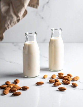 Almond milk in a bottle and almonds on a white marble tableの素材