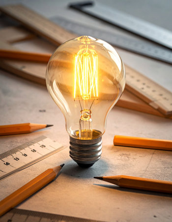 Light bulb with pencils and ruler on wooden table background. Idea conceptの素材