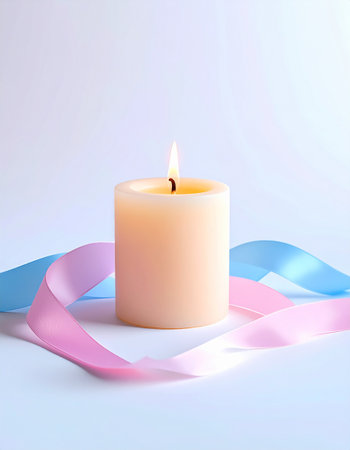 Burning candle with blue and pink ribbons on a white backgroundの素材