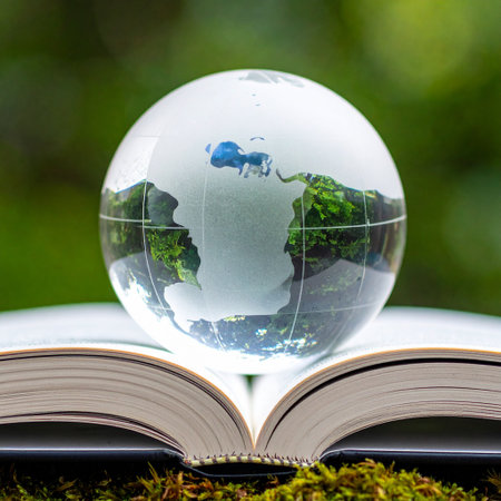 Globe and open book on green nature background, Earth day conceptの素材