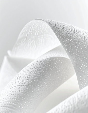 close up of a roll of white toilet paper on a white backgroundの素材