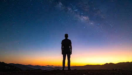 Silhouette of a man looking at the milky way at sunsetの素材