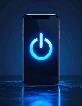 Power button on smartphone screen. 3d illustration. Blue background.の素材