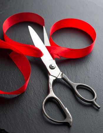 scissors and red ribbon on black background, valentines day conceptの素材