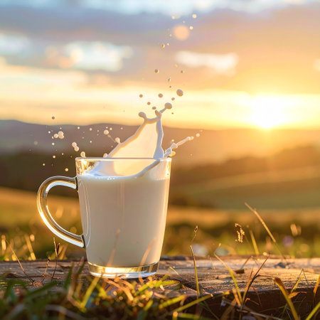 Milk splash in a glass on a background of beautiful sunset.の素材