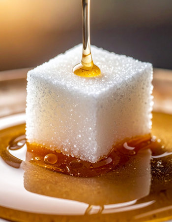 White sugar cube with honey on a plate, close-up.の素材