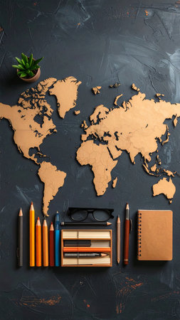 world map and stationery on dark background, education and business conceptの素材