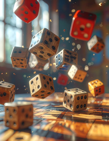 Dice flying in the air with bokeh background. 3d illustrationの素材