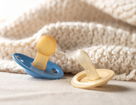 Baby pacifier and knitted plaid on table, closeupの素材