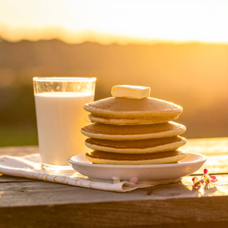 Stack of pancakes and a glass of milk on a wooden table at sunset.の素材