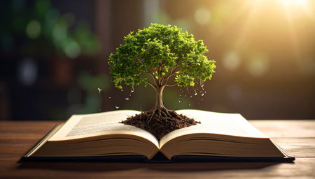 Tree growing from open book on wooden table. Ecology and environment conceptの素材