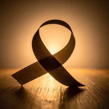 Silhouette of a ribbon on a wooden table. Aids Awareness.の素材